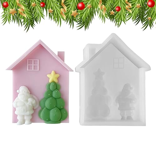 Hauskerzenform | Haus Weihnachten Silikon Fondantform | Lustiges Weihnachtshaus mit Weihnachtsmann-Baum-Design, Kerzen-Silikonform, Hauskerzen-Seifenform zum Backen Holdes von Holdes