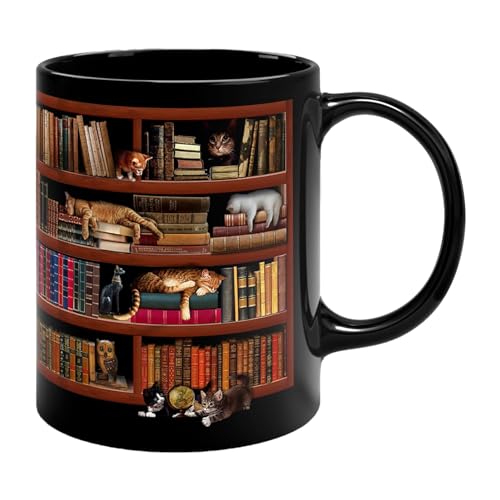 Kaffeetasse, Tasse Für Buchliebhaber, Geschenk Für Bücherliebhaber, Bücherkaffeetasse, Bücherregal Katzen Design, Neuartige Kaffeetasse, Keramik Schwarze Tasse von Holdes
