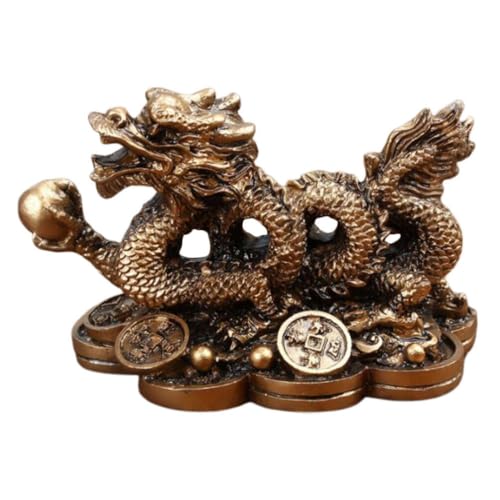 Holibanna Chinesische Drachenfigur Drache auf Antiken Münzen Statue Feng Shui Lockt Reichtum Glück 2024 Jahr des Drachen Tierkreiszeichen Ornament für Zuhause Büro Auto Dekoration Bronze von Holibanna