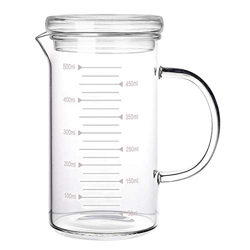 500 ml Glas-Messbecher mit Deckel, hitzebeständiger Griff, Messbecher, klare Skala, V-förmiger Ausgießer für Milch, Kaffee, Flüssigkeit, Becher, Trinkgläser, Backofen, Gefrierschrank geeignet von Holiberty