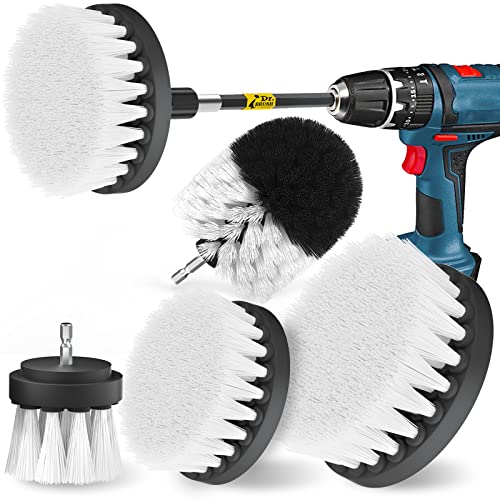 Holikme Bürstenaufsatz Bohrmaschine Set, 5 Stück Bürstenaufsatz Akkuschrauber Bürste Drill Brush, Leistungsstarke Bohrbürste Reinigungsbürste für Felgen/Fliesen/Küche/Böden/Auto/Badewanne,Weiß von Holikme