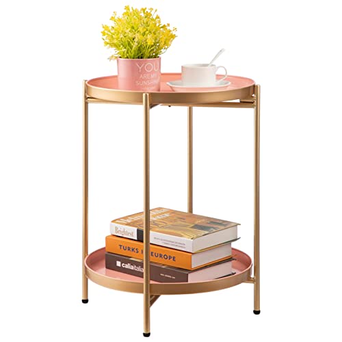 HollyHOME Beistelltisch mit 2 Etagen, rund, Metall, rostfrei, einfacher Sofatisch, modernes Tablett, für drinnen und draußen, zusammenklappbarer Couchtisch, (D) 40 x (H) 52 cm, Gold und Rosa von HollyHOME