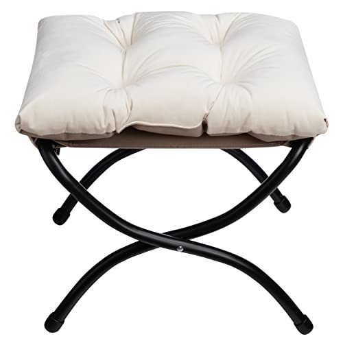 HollyHOME Fußhocker Klappbar Fußablage Fußstütze Faltbar Sitzhocker mit Metallbeinen Fusshocker mit Abnehmbar Gepolsterte Sitzfläche Samt, Beige von HollyHOME