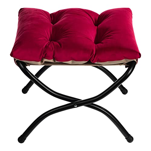 HollyHOME Fußhocker Klappbar Fußablage Fußstütze Faltbar Sitzhocker mit Metallbeinen Fusshocker mit Abnehmbar Gepolsterte Sitzfläche Samt, Rot von HollyHOME