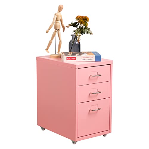 HollyHOME Mobiler Aktenschrank mit 3 Schubladen, rollbarer Aktenordner unter dem Schreibtisch, Aufbewahrungsschrank aus Metall mit Rollen für Zuhause und Büro, Pink von HollyHOME