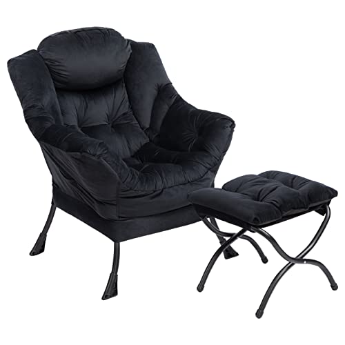 HollyHOME Relaxsessel Sessel mit Fußhocker Stahlrahmen Samtstoff Relaxliege Freizeitsofa Chaiselongue Fauler Stuhl Relax Loungesessel, Schwarz von HollyHOME