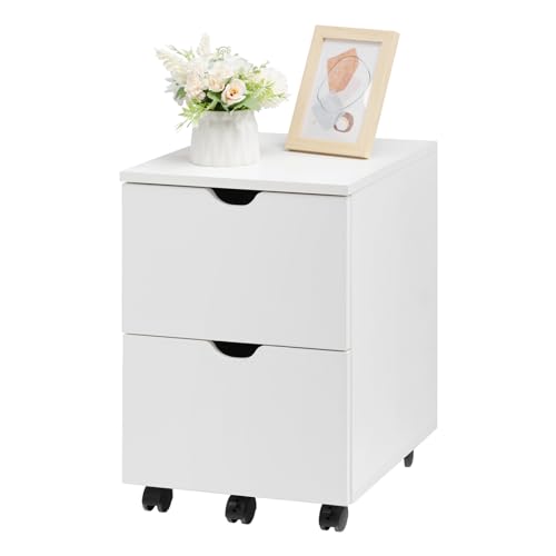 HollyHOME Unterschreibtischschrank, tiefer 2 Schubladen, mobiler Holzschrank, Aufbewahrungsschrank für Zuhause, Rollschränke für Büro, Rollender Druckerständer, für A4, modern, Weiß von HollyHOME