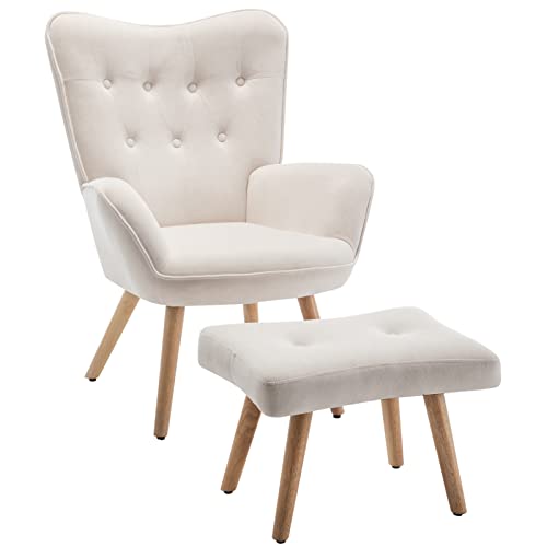 HollyHOME Sessel mit Hocker Wohnzimmerstuhl Relaxsessel, Polsterstuhl Samtstoff Akzent Stuhl mit Fußschemel Loungestuhl, Lesestuhl für Schlafzimmer, Beige von HollyHOME