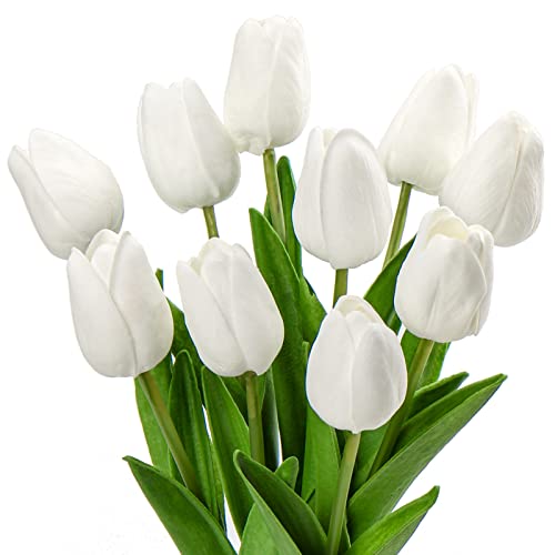 10 pcs Künstliche Blumen Tulpen, Decor Kunstblumen sehr echt, Plastikblumen Tulpen PU Latex real Touch, Gefälschte Blumen Tulpen Weiß für Hochzeitszimmer Home Decor Wohnzimmer Büro Hotel Küche Decor von Hollyone