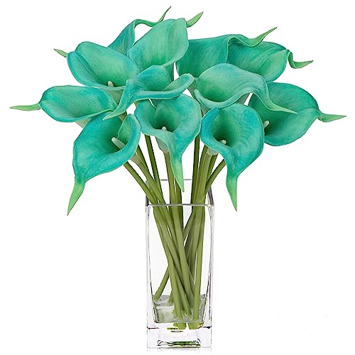 12 pcs Künstliche Blumen Calla Lilie mit Glasvase, Decor Kunstblumen sehr echt, Plastikblumen Calla PU Latex real Touch, Calla Gefälschte Blumen Blau für Hochzeits Party Wohnzimmer Büro Hotel Küche von Hollyone