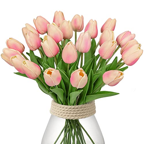 24 pcs Künstliche Blumen Tulpen, Decor Kunstblumen sehr echt, Plastikblumen Tulpen PU Latex real Touch, Gefälschte Blumen Tulpen Rosa für Hochzeitszimmer Home Decor Wohnzimmer Büro Hotel Küche Decor von Hollyone