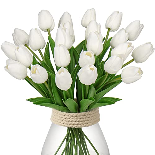 24 pcs Künstliche Blumen Tulpen, Decor Kunstblumen sehr echt, Plastikblumen Tulpen PU Latex real Touch, Gefälschte Blumen Tulpen Weiß für Hochzeitszimmer Home Decor Wohnzimmer Büro Hotel Küche Decor von Hollyone