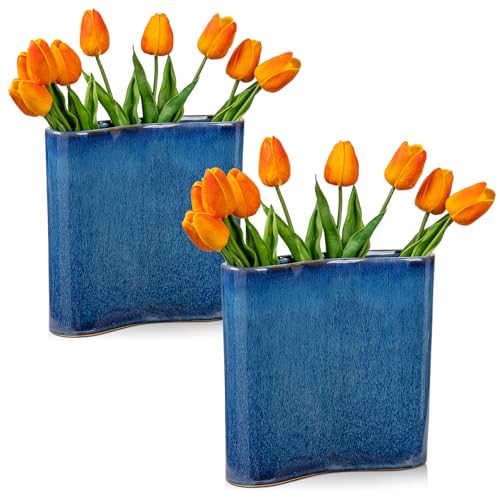 2er Set Blau Keramik Vase für Blumen, Blumenvase Buchform Vasen Blumen Deko, Moderne Keramische Vase für Heimdekoration Wohnzimmer Büro Rose Tulpen Tafelaufsätze Tischdeko (Platz) von Hollyone
