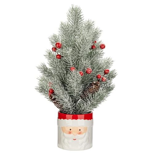 36cm Mini Weihnachtsbaum Deko Pflanzen im Topf, Künstliche Weihnachtsbaum Tabletop Deko im Weihnachtsmann topf Keramik mit Gefrorene Beeren,Kiefernzapfen, Kugeln für Weihnachts deko Neujahr Ornamente von Hollyone