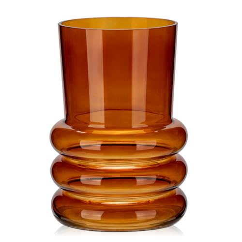 Glas Vasen Blumen modernes, Tischvasen Glas 18 cm hoch, Bernstein Deko Flaschen Glas, Deko Vasen Groß Blumenvase, Zylinder Glasvase Rund für Tischdeko Büro Küche Arrangements Hochzeit Geschenk von Hollyone