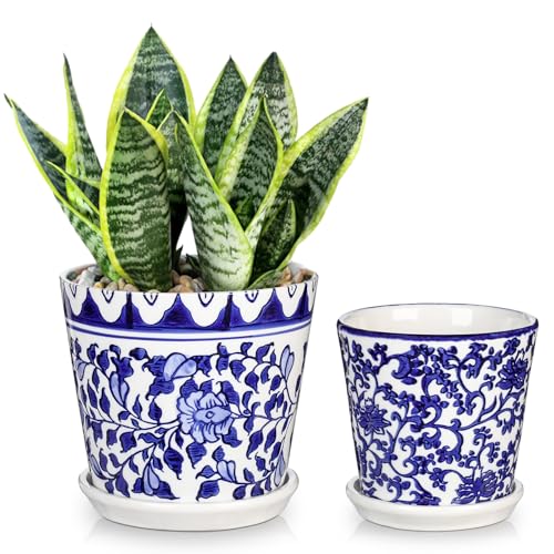 Hollyone 2er-Set Keramik Pflanztöpfe Blau Weiß Blumentopf, Runde Keramik-Pflanztöpfe mit Drainagelöchern und Untersetzer, Retro Kleine Pflanztopf für Sukkulenten Kaktus Outdoor Garten von Hollyone