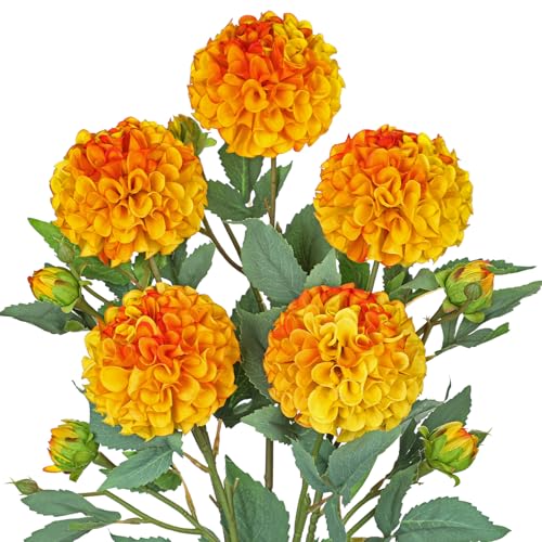 Hollyone 5 Stück Künstliche Dahlien Orange Kunstblumen Zweige mit Knospen, Dahlie Blumenarrangement Langen Stiel Gefälschte Blume Seidenblume für Vase Tischdeko Hochzeit Heimdekoration von Hollyone