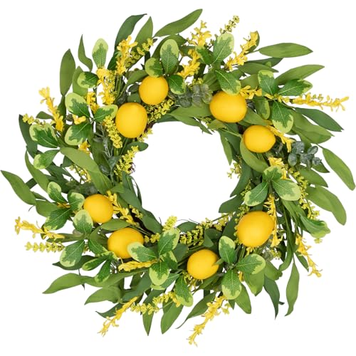 Hollyone 50cm Künstlicher Zitronenkranz für Haustür Frühling Sommer Kranz mit Zitrone und Grünen Blättern, Künstliche Dekorative Kränze für Innen Außen Fenster Wand Bauernhof Festival Dekoration von Hollyone