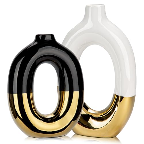Hollyone Keramikvase 2er Set, Weiß Schwarz Vase für Heimdeko, Hohle Design Donut Keramik Vase, Dekorative Blumenvase, Moderne Vase für Trockenblumen, Schlafzimmer, Wohnzimmer, Tischdeko von Hollyone