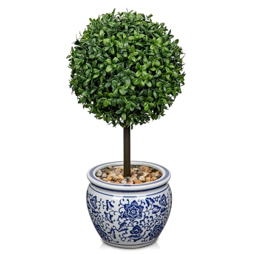 Hollyone Künstliche Buchsbaumkugeln 40CM, Künstliche Formschnittbäume Klein, Kunstbaum in Blau-weißem Keramiktopf, Kunstpflanze Topiary für Draußen und Drinnen Eingangsbereich Terrasse Veranda Deko von Hollyone