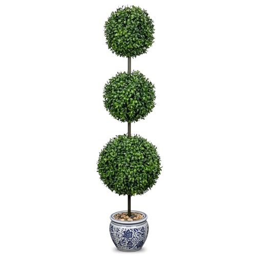 Hollyone Künstliche Buchsbaumkugeln 90CM, Künstliche Formschnittbäume Groß, Kunstbaum in Blau-weißem Keramiktopf, Kunstpflanze Topiary für Draußen und Drinnen Eingangsbereich Terrasse Veranda Deko von Hollyone