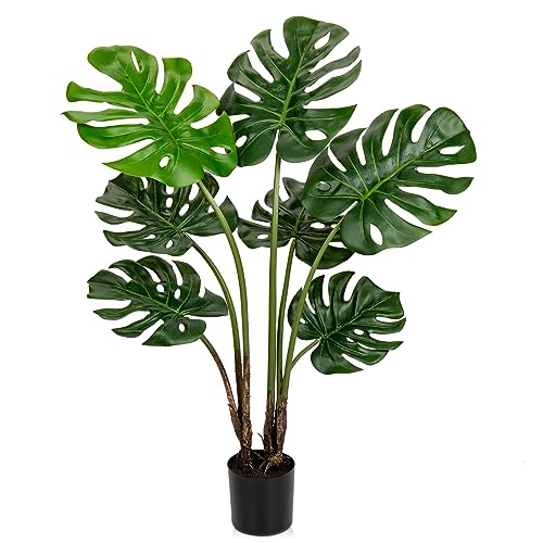 Hollyone Künstliche Pflanzen Monstera 90 cm groß Kunstpflanzen Wie Echt, Plastik Grünflanze Tropischer mit Topf, Künstlich Zimmerpflanze Palme Topfpflanze für Wohnzimmer Büro Decor von Hollyone
