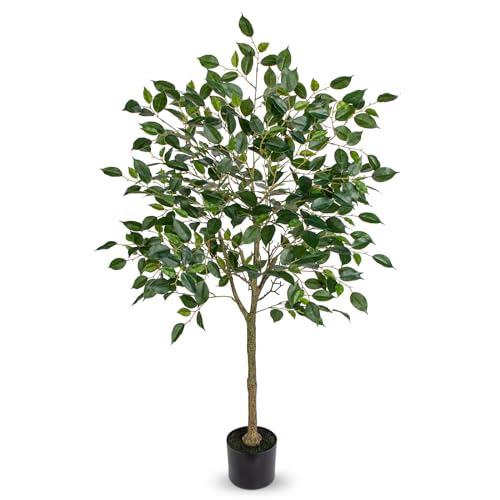 Künstliche Pflanzen Groß Kunstpflanze Benjamini Ficus künstlich Kunstbaum Zimmerpflanze Deko mit Abnehmbar Echtholzstamm für Büro Deco Schlafzimmer Esszimmer drinnen Deko draußen Grün 120 cm von Hollyone