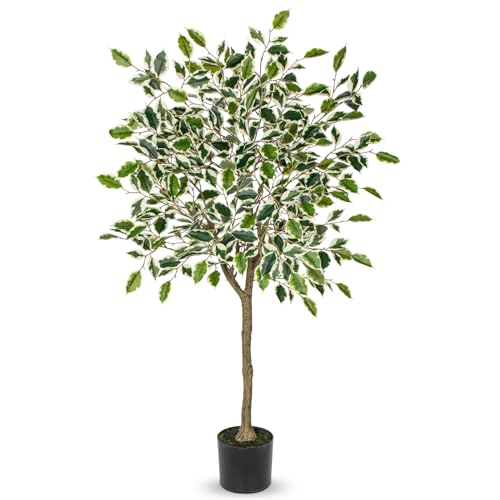 Künstliche Pflanzen Groß Kunstpflanze Benjamini Ficus künstlich Kunstbaum Zimmerpflanze Deko mit Abnehmbar Echtholzstamm für Büro Deco Schlafzimmer Esszimmer drinnen Deko draußen Grün Weiß 120 cm von Hollyone