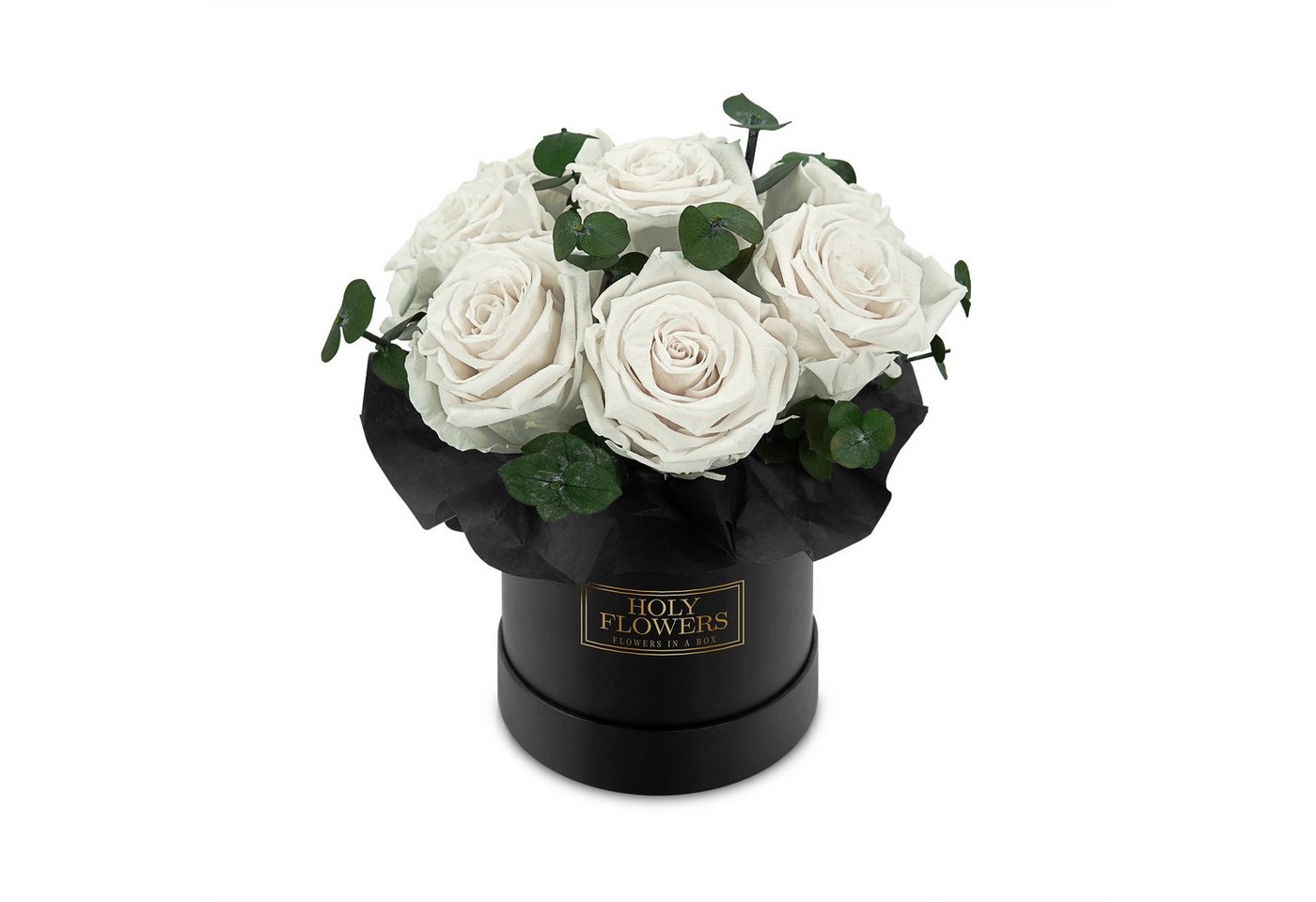 Kunstblume Rosenbox Bouquet mit 7-9 Infinity Rosen Eukalyptus, 1- 3 Jahre haltbar Infinity Rose, Holy Flowers, Höhe 18 cm von Holy Flowers