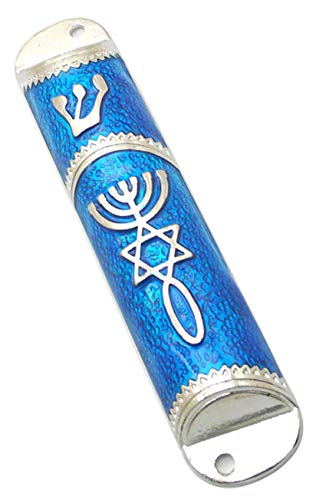 Holy Land Market Messianic Seal Mesusa-Schutzhülle, 10,4 cm (4,1 Zoll), mit Schriftrolle im Lieferumfang enthalten, Blau – Silberrahmen von Holy Land Market