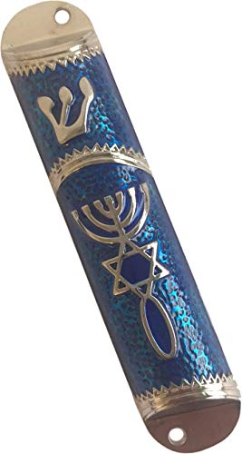 Holy Land Market Messianic Seal Mesusah-Hülle – 10,4 cm (4,1 Zoll) mit Schnörkel im Lieferumfang enthalten (dunkelblau – silberfarbener Rahmen) von Holy Land Market