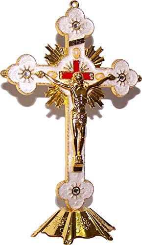 Holy Land Market Tischkruzifix Altar – Kirche oder Heimdekoration – Emaille verziert (20,3 cm, goldfarben/weiß und rot) von Holy Land Market