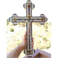 Perlmutt Kreuz Jerusalem Olivenholz Heiliges Land Kruzifix Wand Handarbeit von HolyLandHouse