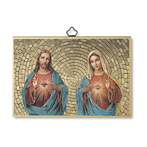 Bedruckte Holzplatte Heiligstes Herz Jesu und Maria mit Gebet auf der Rückseite von Holyart