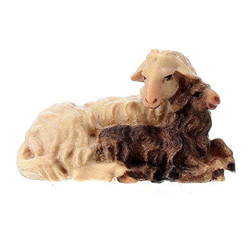 Liegendes Schaf mit Lamm 10cm Grödnertal Holz Mod. Original von Holyart