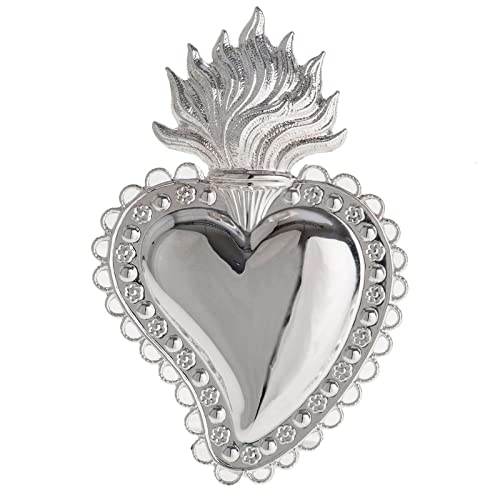 Votivgabe flammendes Herz mit floralem Dekor 10.5x7 cm, Metall von Holyart