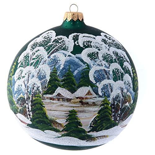 Weihnachtsbaumkugel aus Glas Grundton Grün Motiv Winterlandschaft 150 mm von Holyart