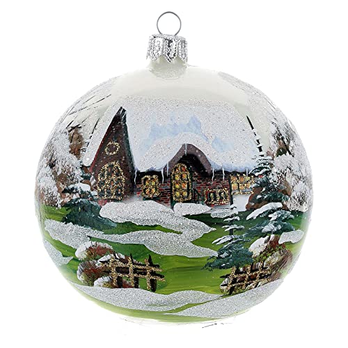 Weihnachtsbaumkugel aus Glas Grundton Weiss Motiv schneebedecktes Dorf 100 mm von Holyart