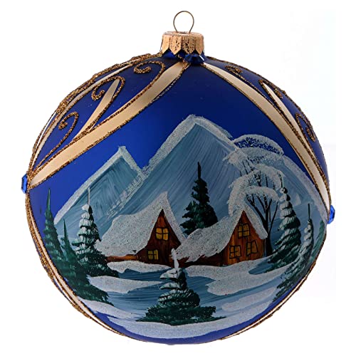 Weihnachtskugel aus Glas Grundton Blau Motiv schneebedeckte Winterlandschaft mit goldenem Rahmen 150 mm von Holyart