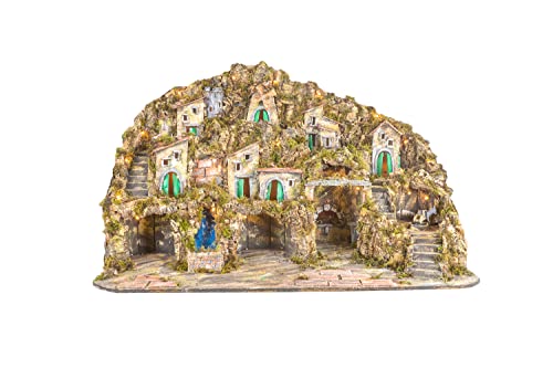 Pandorino Napoletano Krippe 95 x 65 x 65 cm (37,04 x 25,59 x 25,59 Zoll) mit Lichtern, Wasserfall, Backofen, Mühle und Mühle. Struktur bemalt und von Hand gefertigt, Made in Italy von Holyhome