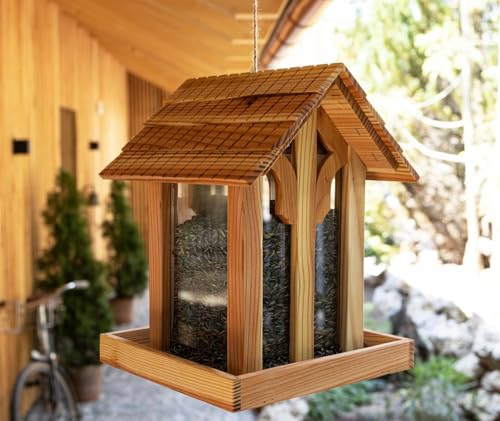 Hochwertiges Vogel Futterhaus aus Geölter Europäischer Lärche - Mit Glas Rundbogenfenster von Holz Frank