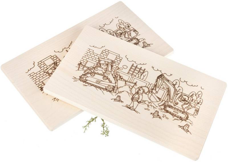 Holz Frank Frühstücksbrett Kinder Frühstücksbrett Baustelle & Bagger malbar - FSC® Ahorn 26x15 cm, Holz von Holz Frank