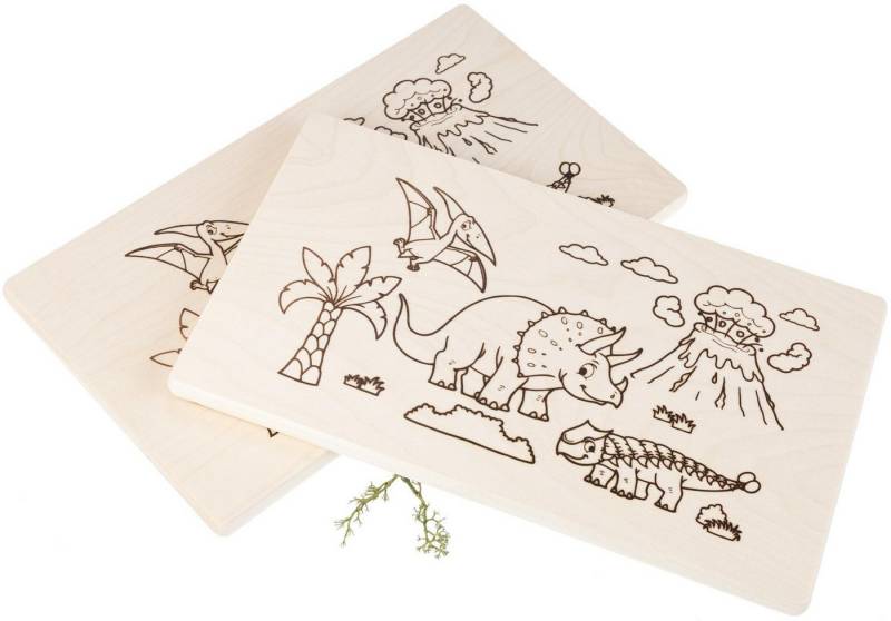 Holz Frank Frühstücksbrett Kinder Frühstücksbrett Dino Land malbar aus FSC® Ahorn 26 x 15 cm, Holz von Holz Frank