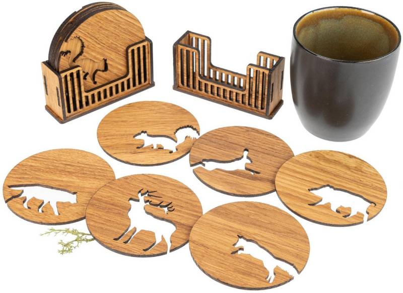Holz Frank Glasuntersetzer Glas Untersetzer 6er Set aus Eiche geölt mit Waldtiere Motiv, 7-tlg., Massivholz Eiche von Holz Frank