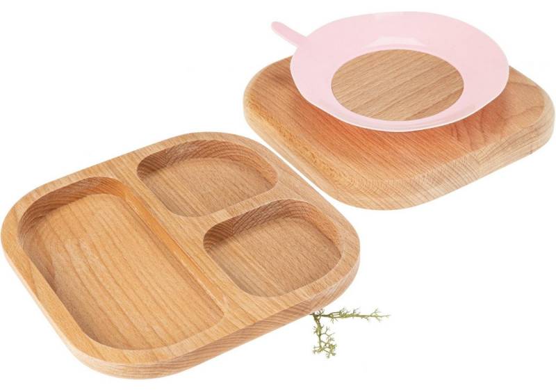 Holz Frank Kindergeschirr-Set Holz Kinderteller dreifach unterteilt - Buche geölt mit Saugnapf Rosa, Holz von Holz Frank