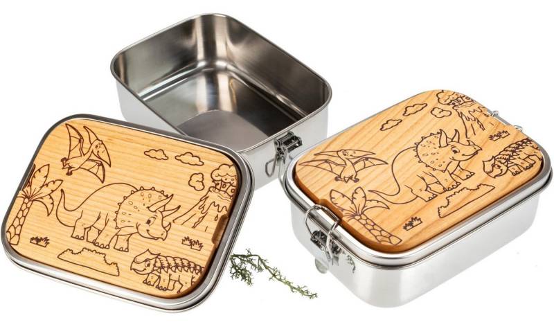 Holz Frank Lunchbox Edelstahl Lunchbox 1200ml mit FSC® Kirschholz Schneidebrett Dino-Motiv, Edelstahl, Premium 316 Edelstahl von Holz Frank