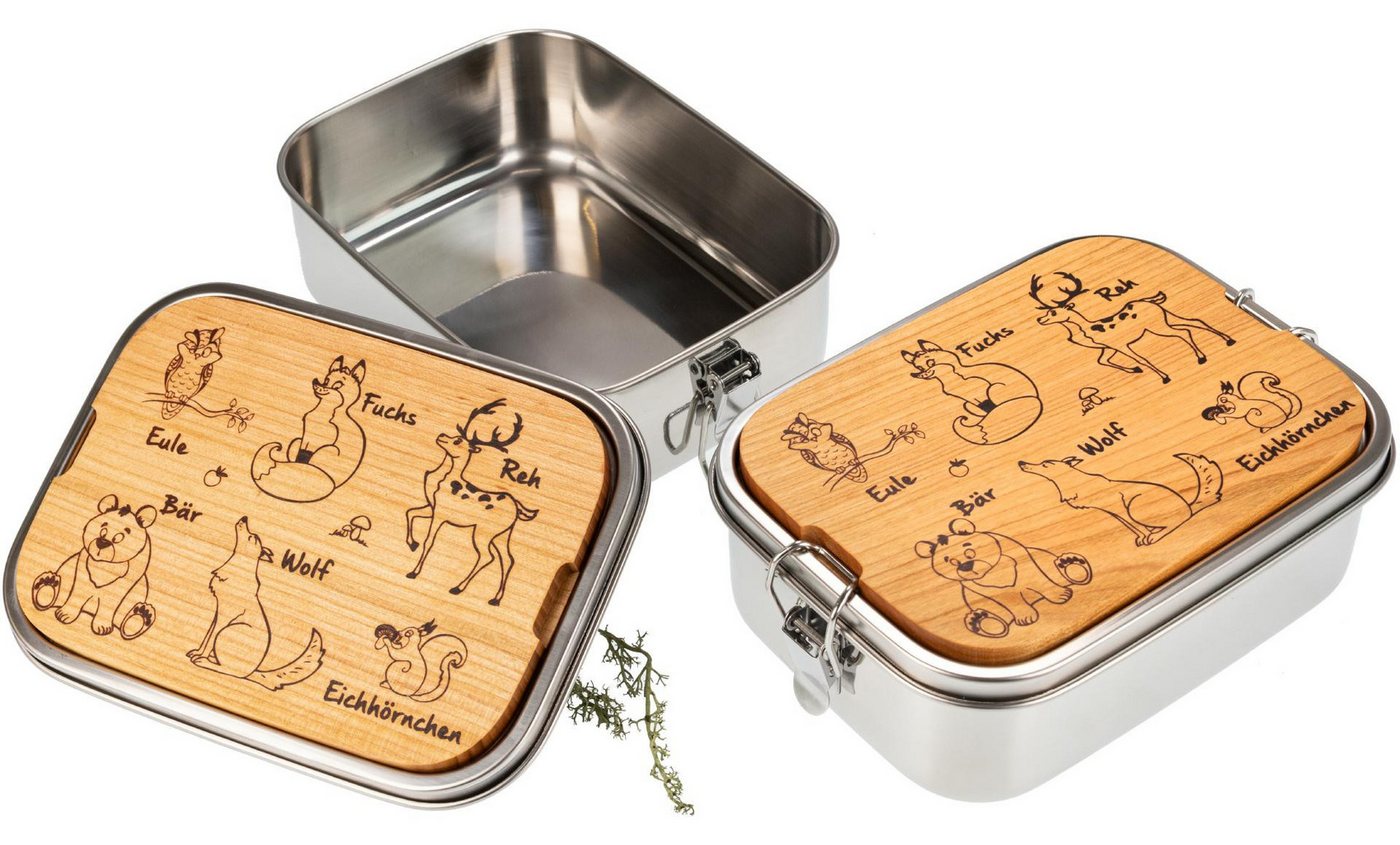 Holz Frank Lunchbox Edelstahl Lunchbox 1200ml mit FSC® Kirschholzbrett Lernmotiv Waldtiere, Edelstahl, Premium 316 Edelstahl von Holz Frank