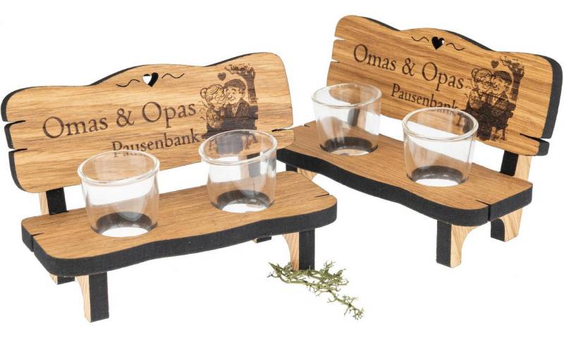 Holz Frank Schnapsglas Schnapsbank aus Eiche „Omas und Opas Pausenbank“ mit Gravur, Eiche von Holz Frank
