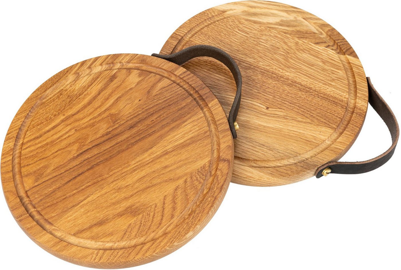Holz Frank Schneidebrett Rundes Schneidebrett aus Eichenholz für Pizza, 25 cm mit Ledergriff, Holz, (1-St) von Holz Frank