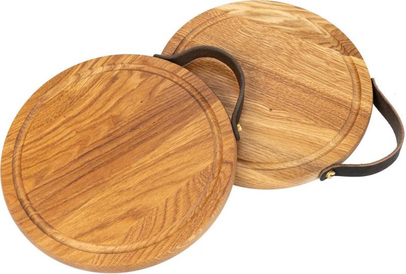 Holz Frank Schneidebrett Rundes Schneidebrett aus Eichenholz für Pizza, 25 cm mit Ledergriff, Holz, (1-St) von Holz Frank